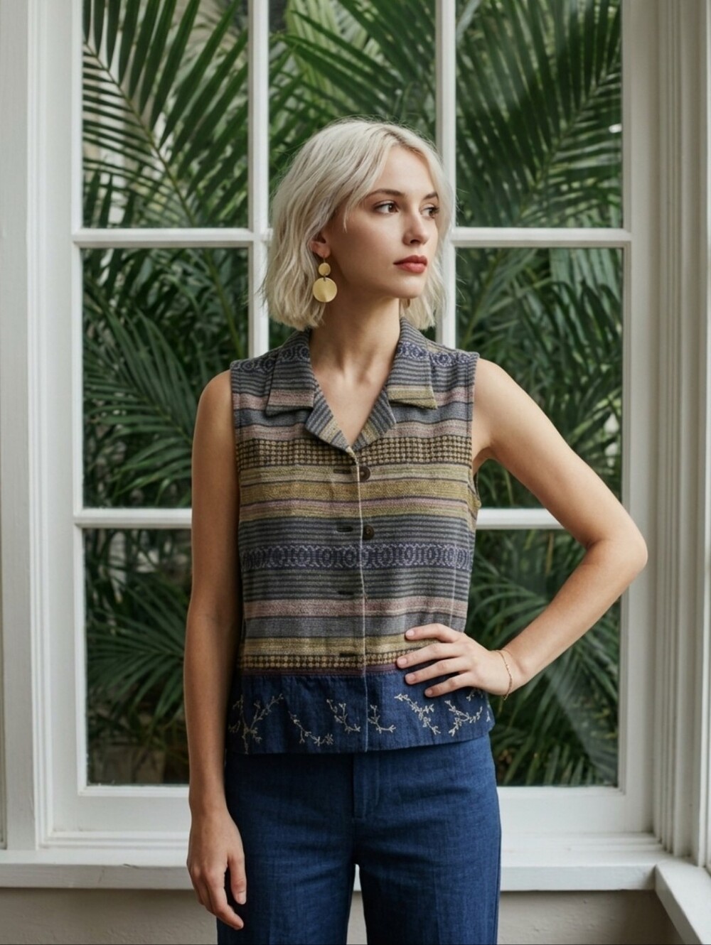 Ivy Vintage Tapestry Striped Vest Multi-Pattern Denim Embroidery Trim Sz Large